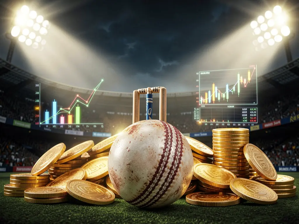 3SBD cricket betting page background featuring a cricket ball in the foreground with wickets behind, dramatic stadium floodlights, golden coins, and glowing data charts