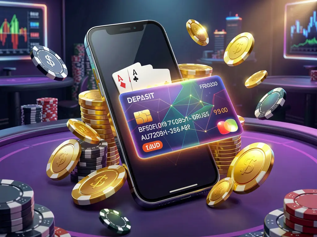 3SBD deposit bonus concept showing a smartphone wallet with a glowing payment card surrounded by golden coins and poker chips in a modern mobile casino style