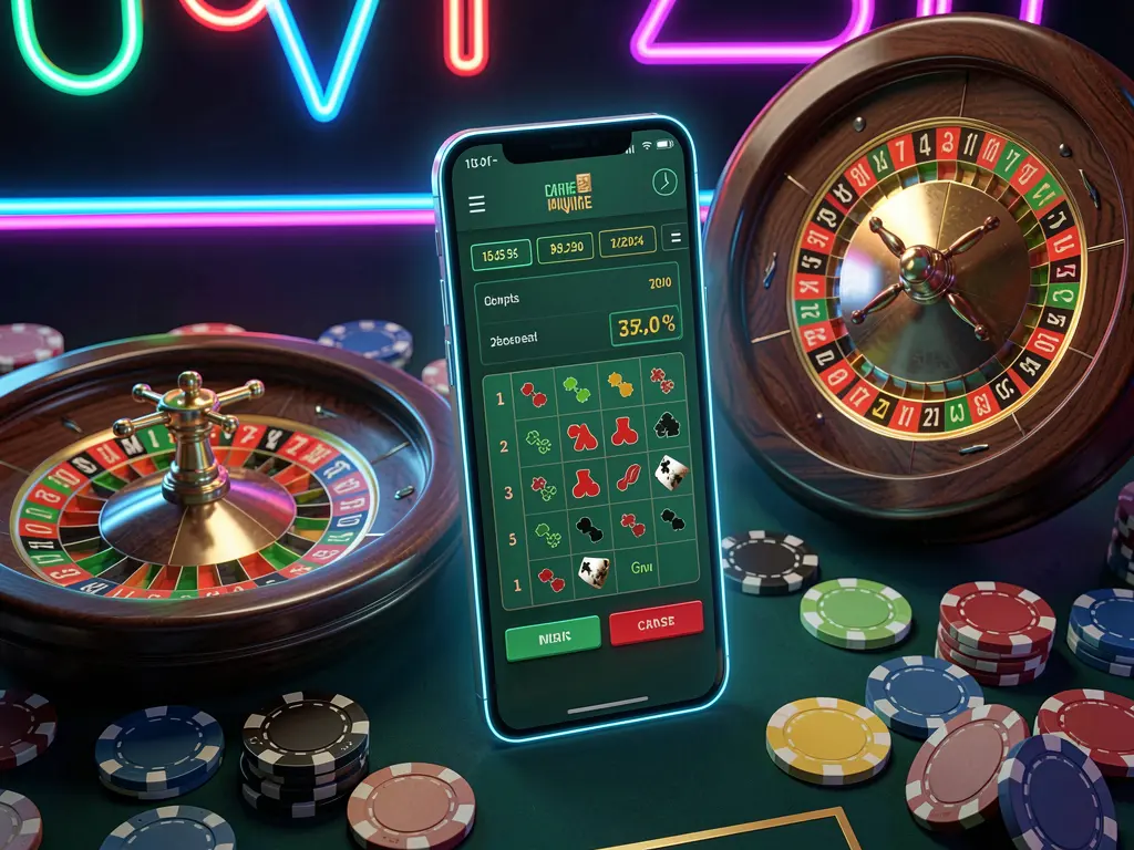 3SBD online casino platform concept featuring a smartphone with a glowing casino interface, surrounded by a roulette wheel and poker chips against a premium neon background in a 3D realistic render
