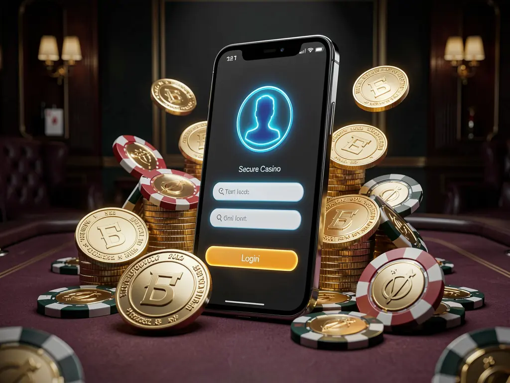 3SBD online casino login page hero banner featuring a modern smartphone with a secure login screen, glowing user profile icon, golden coins and poker chips surrounding it on a dark luxury background